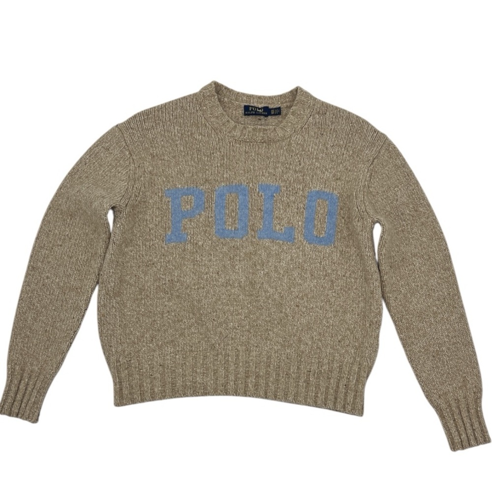Polo Ralph Lauren Logo Crewneck Wool Blend Sweater Blue & Tan SZ XS - Picture 2 of 13